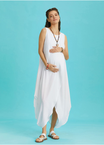 Diyagonal Kesim Ön Katlı Beyaz Bol Şık Hamile Elbise