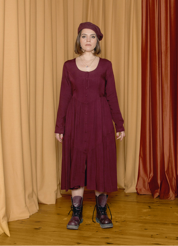 Bisiklet Yaka Düğme Detaylı Bordo Uzun Kollu Elbise 7117