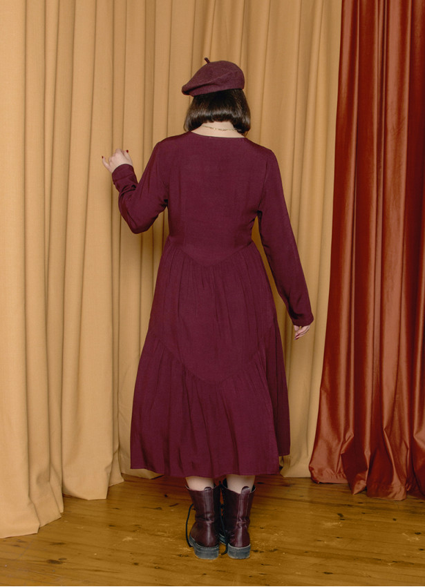 Bisiklet Yaka Düğme Detaylı Bordo Uzun Kollu Elbise 7117