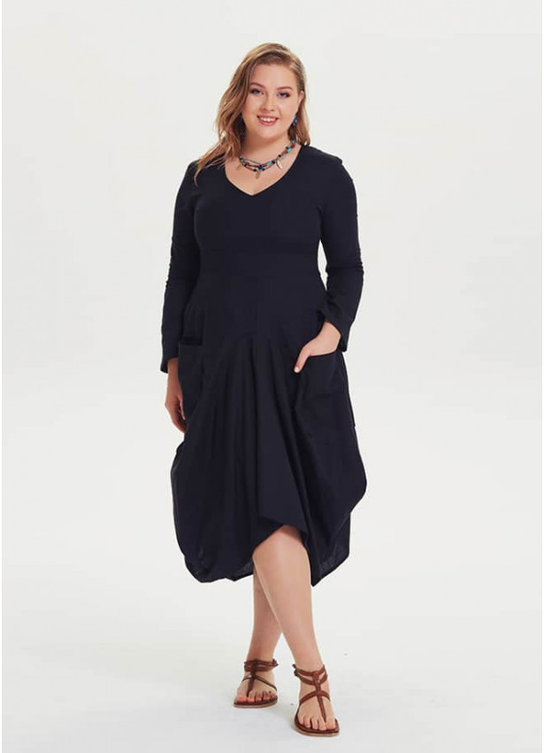 V Yaka Cepli Uzun Kollu Büyük Beden Siyah Elbise 1211