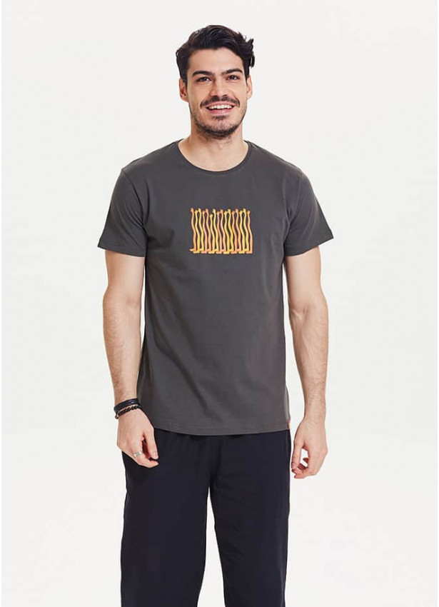 El Baskılı Kısa Kollu Erkek Füme T-Shirt