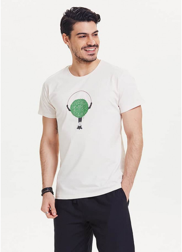 Ağaç Figürlü Kısa Kollu Beyaz Erkek T-Shirt