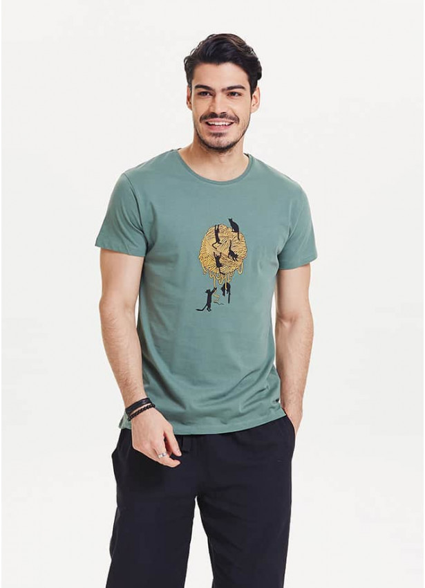 Kedi Baskılı Kısa Kollu Erkek Yeşil T-Shirt