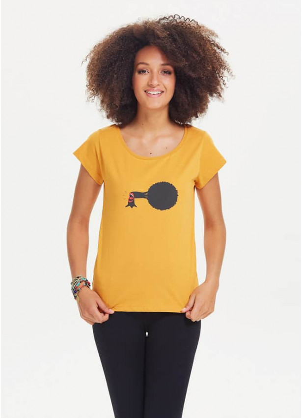 Ağaç Baskılı Tasarım Kısa Kol Kadın Sarı T-Shirt