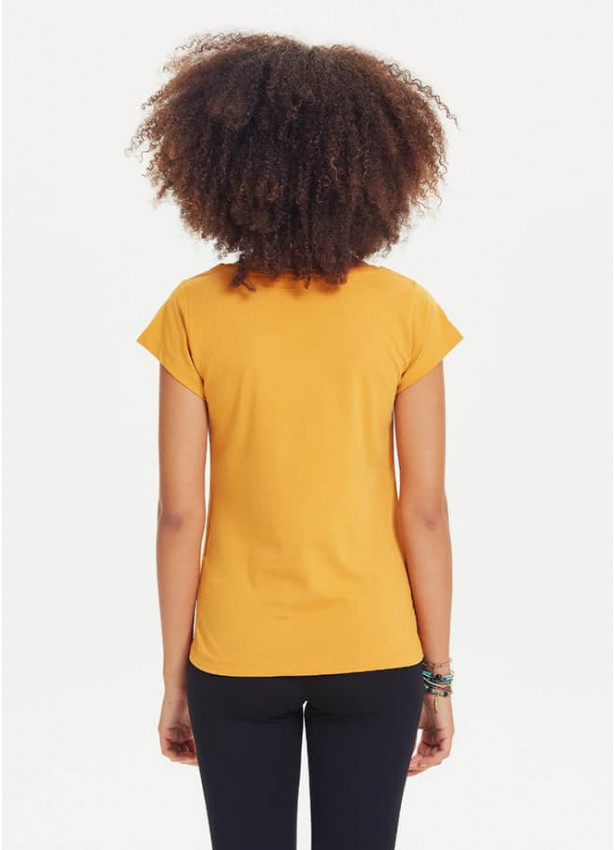 Ağaç Baskılı Tasarım Kısa Kol Kadın Sarı T-Shirt