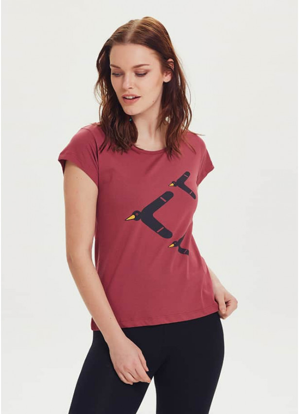 Karga Baskılı Kadın Tasarım Bordo T-Shirt