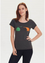 Fil Baskılı Tasarım Kısa Kol Kadın Füme T-Shirt