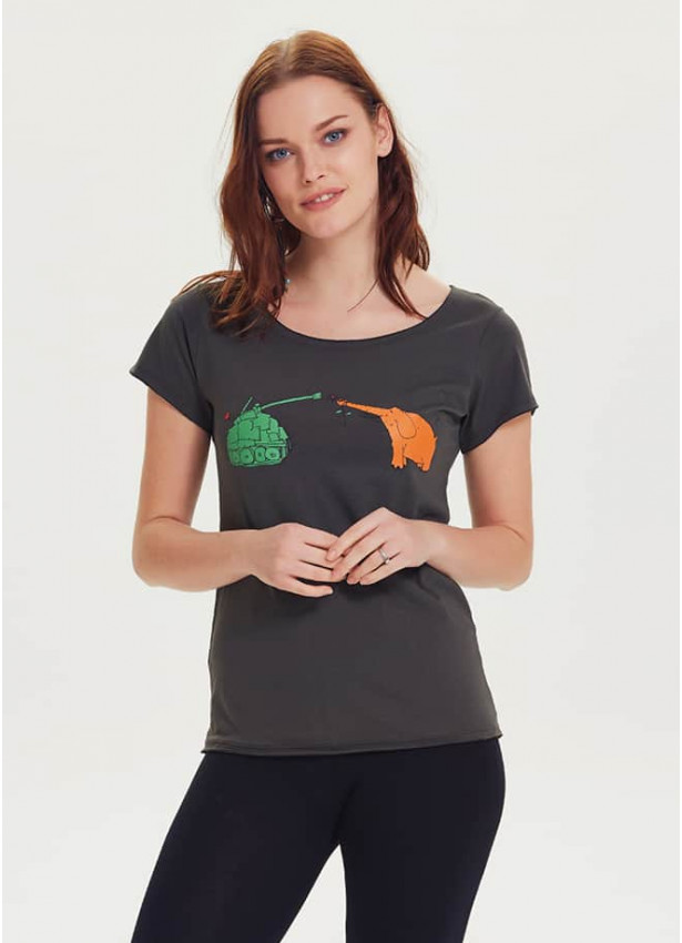Fil Baskılı Tasarım Kısa Kol Kadın Füme T-Shirt