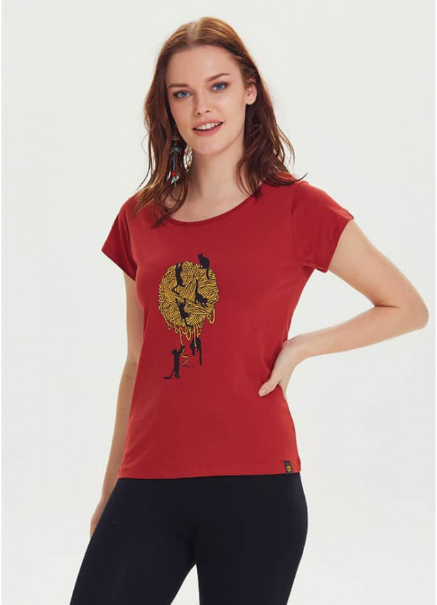 Kedi Baskılı Tasarım Kadın Bordo T-Shirt
