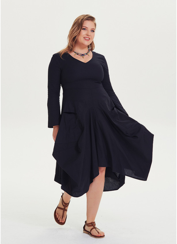 V Yaka Cepli Uzun Kollu Büyük Beden Siyah Elbise 1211