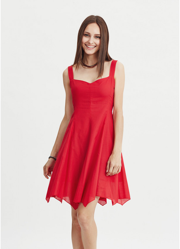 Kırmızı Askılı Sırt Dekolteli Kloş Günlük Elbise