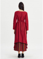 Yırtmaç Detaylı Kayık Yaka Çizgili Kırmızı Elbise