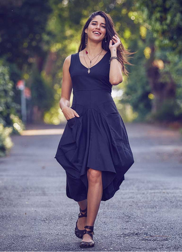 Bohem Tarz V Yaka Cepli Balon Etekli Siyah Elbise 169