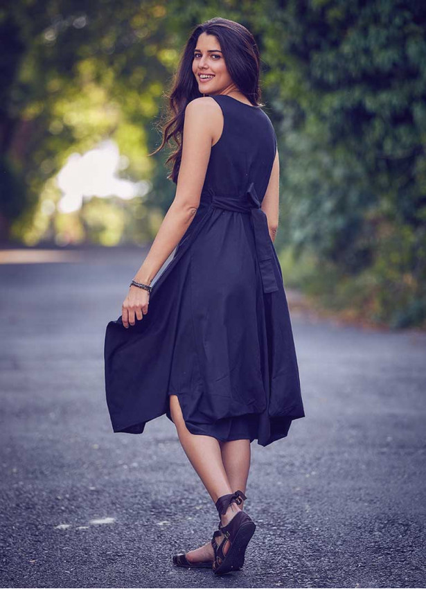 Bohem Tarz V Yaka Cepli Balon Etekli Siyah Elbise 169