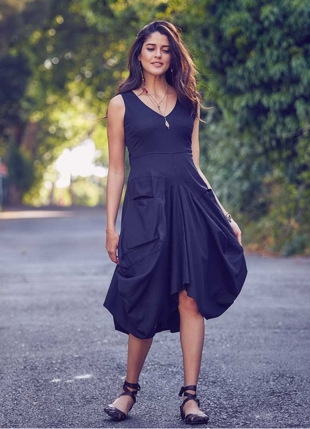 Bohem Tarz V Yaka Cepli Balon Etekli Siyah Elbise 169