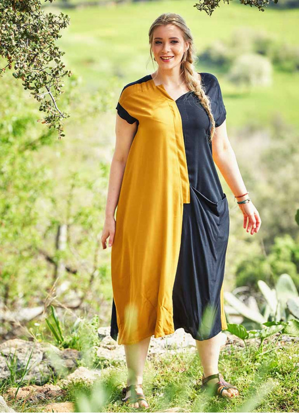 Çift Renk Yaka Detaylı Büyük Beden Boydan Elbise