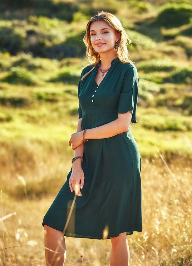 Midi Boy Koyu Yeşil Elbise 1745