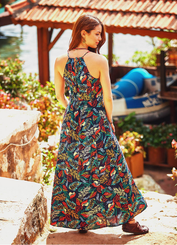Otantik Desenli Yırtmaçlı Boydan Lacivert Elbise