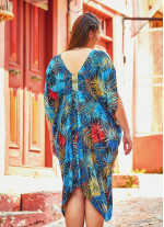 Palmiye Desenli Kayık Yaka Büyük Beden Mavi Elbise