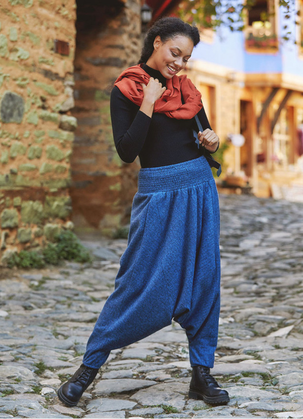 Gipe Bel Detaylı Kışlık Kadın İndigo Şalvar Pantolon
