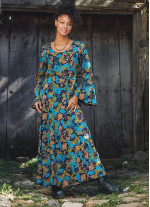Kayık Yaka Belden Bağlamalı İspanyol Kol Turkuaz Yapraklı Kadın Elbise