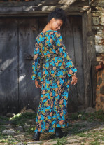 Kayık Yaka Belden Bağlamalı İspanyol Kol Turkuaz Yapraklı Kadın Elbise