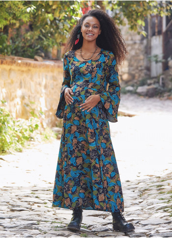 Hamile Kayık Yaka Belden Bağlamalı İspanyol Kol Turkuaz Yapraklı Kadın Elbise