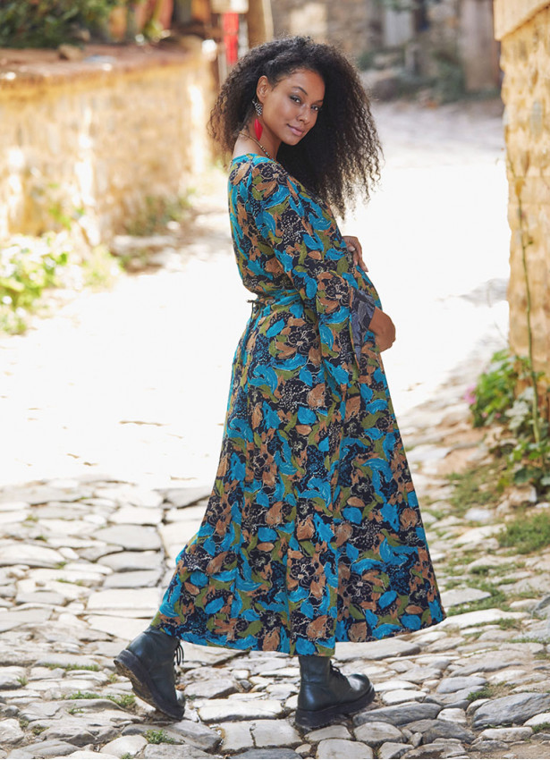 Hamile Kayık Yaka İspanyol Kol Turkuaz Yapraklı Elbise