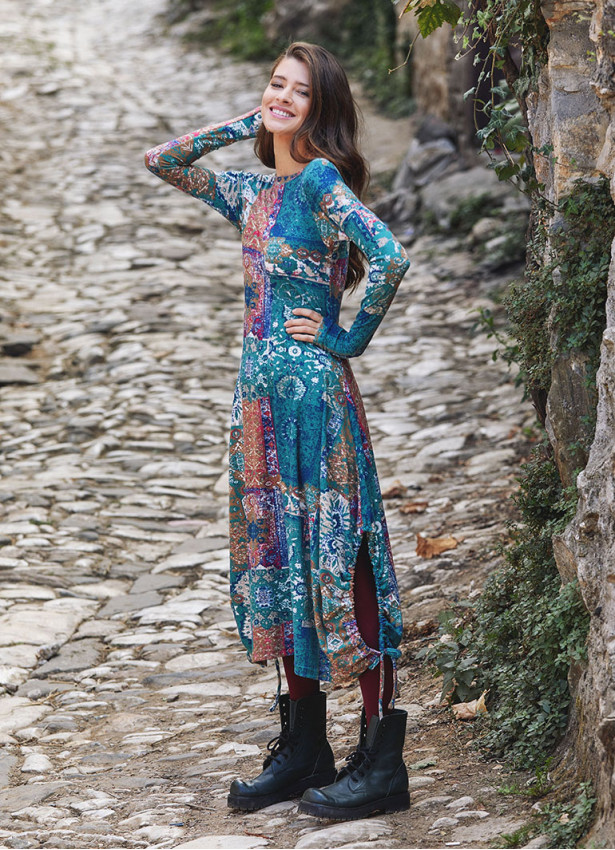 Kayık Yaka Parmak Geçmeli Kışlık Yeşil Anatolia Elbise