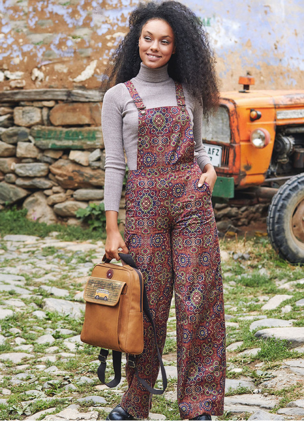 Retro Desen Bahçıvan Bol Paça Salopet Kadın Tulum 3261