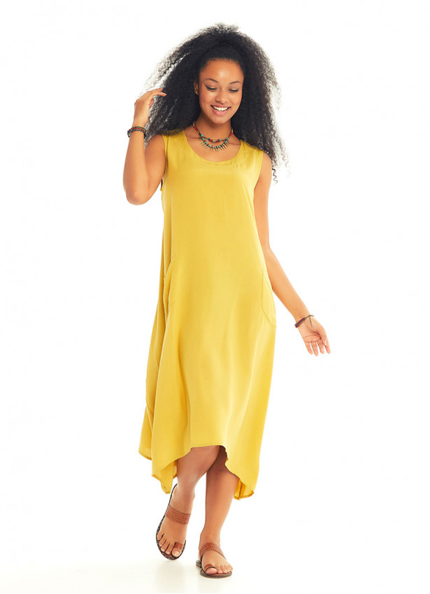 Bohem Tarz Kayık Yaka Kolsuz Cepli Sarı Elbise