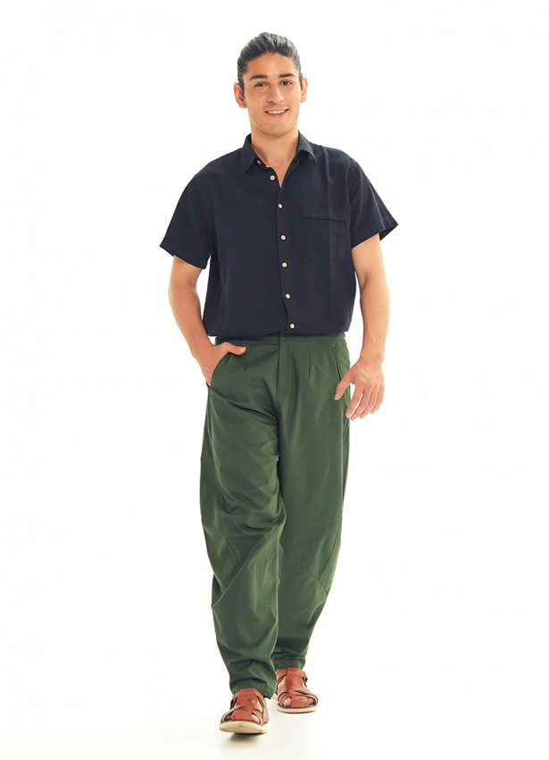 Yeşil Beli Lastikli Rahat Koton Pantolon
