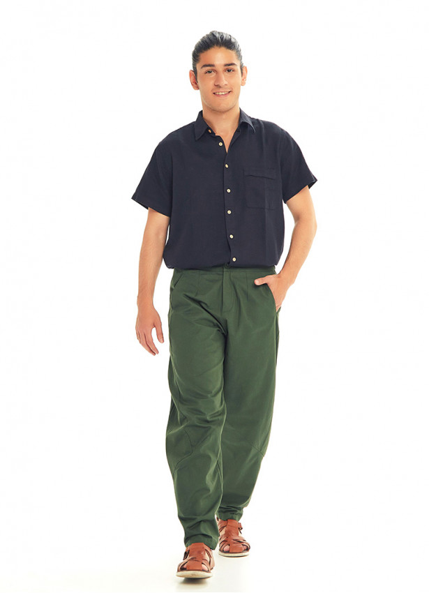 Yeşil Beli Lastikli Rahat Koton Pantolon 3240