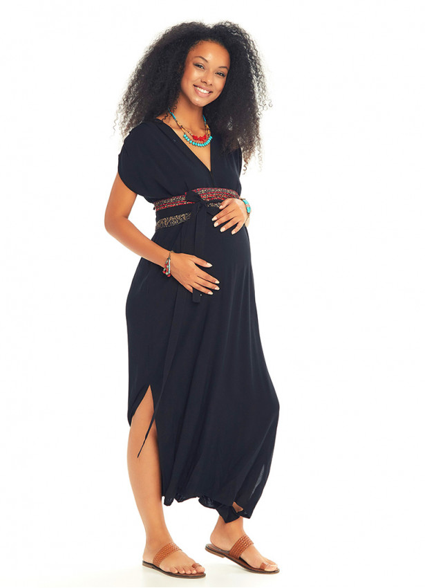 Yırtmaç Detaylı Kemerli Siyah Yazlık Hamile Elbise