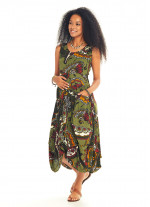 Etnik Desen Asimetrik Kesim Bağcıklı Yeşil Hamile Elbise