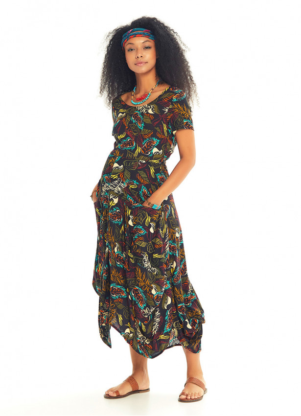 Amazon Desenli Cepli Yarım Kollu Uzun Siyah  Hamile Elbise
