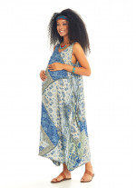 Kayık Yaka Düğmeli Mavi Desenli Günlük Hamile Elbise