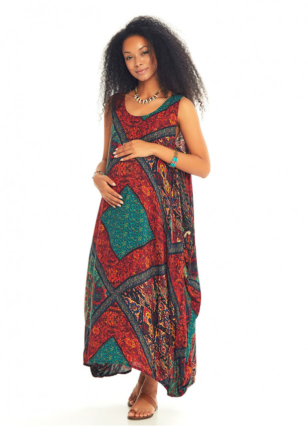 Kayık Yaka Düğmeli Babil Desenli Günlük Hamile Elbise