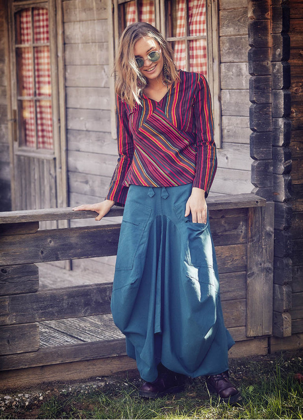 Etnik Cepli Beli Bağcıklı Uzun Petrol Etek 77