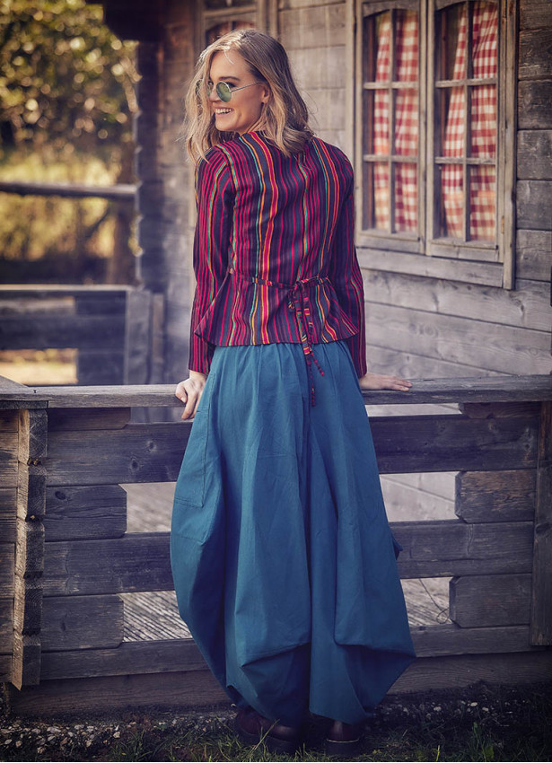 Etnik Cepli Beli Bağcıklı Uzun Petrol Etek 77