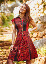 Etnik Desenli Patch Detaylı Kırmızı Günlük Elbise
