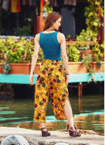 Çiçek Desenli Arka Bel Lastikli Sarı Yoga Pantolon Etek