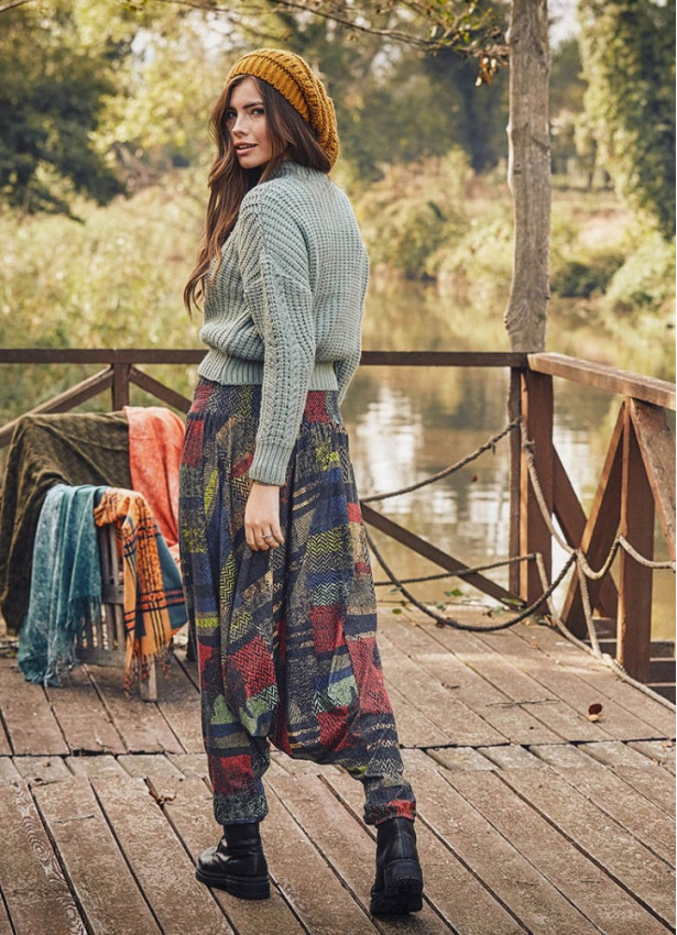 Gipe Bel Detaylı Kışlık Kadın Renkli Şalvar Pantolon