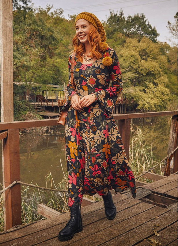 Çiçek Desenli Kayık Yaka Belden Bağlamalı İspanyol Kol Kadın Elbise