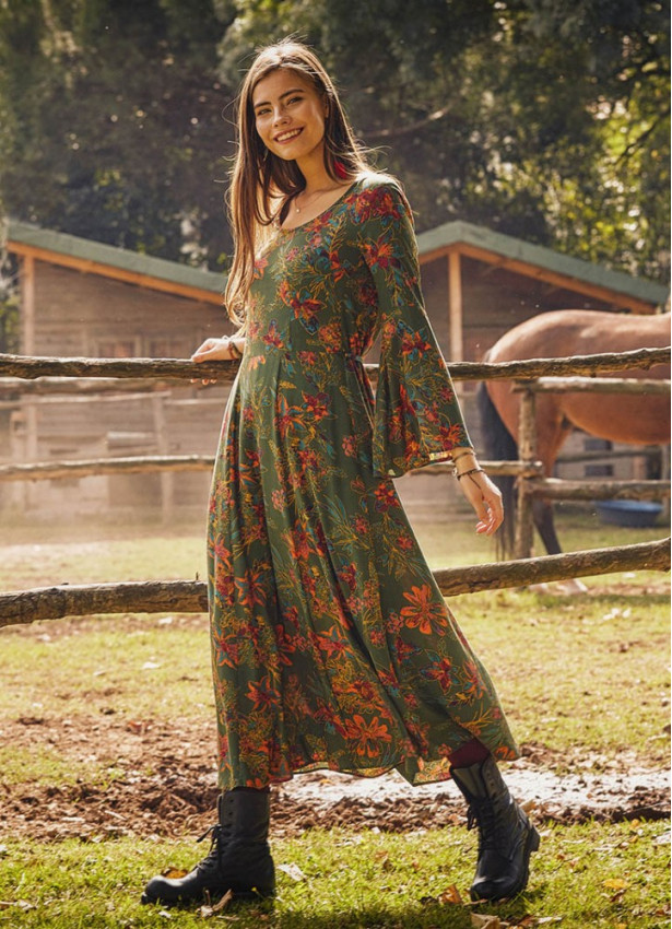 Kayık Yaka Belden Bağlamalı İspanyol Kol Yeşil Çiçekli Kadın Elbise