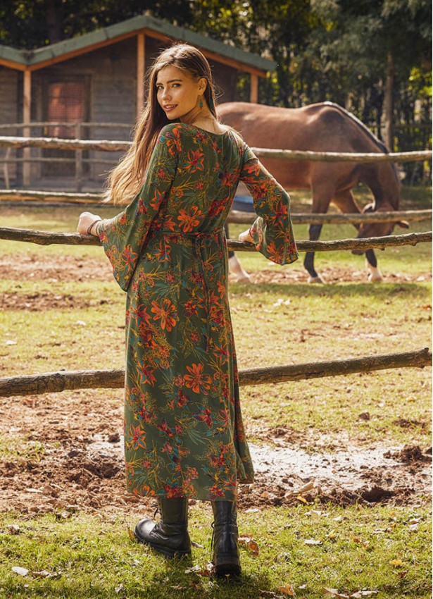 Kayık Yaka Belden Bağlamalı İspanyol Kol Yeşil Çiçekli Kadın Elbise