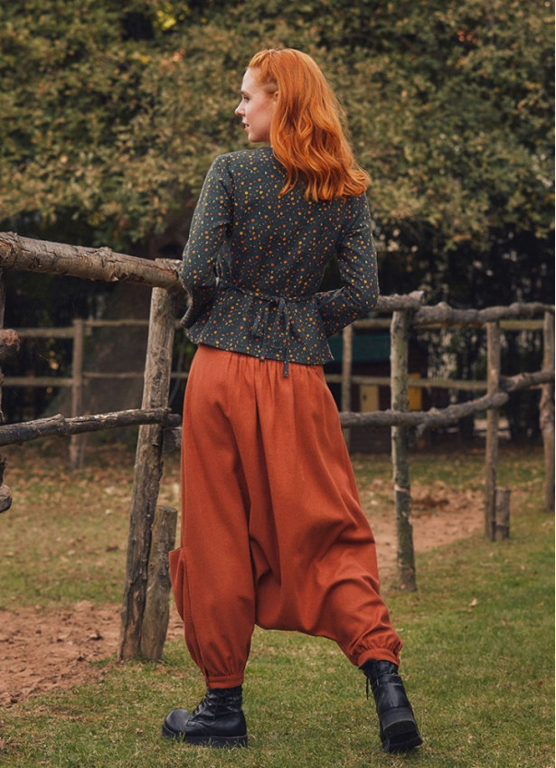 Bohem Bağcıklı Yeşil Desenli Uzun Kollu Koton Kadın Bluz