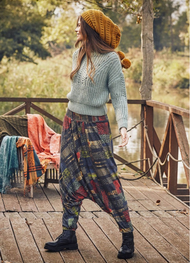 Gipe Bel Detaylı Kışlık Kadın Renkli Şalvar Pantolon