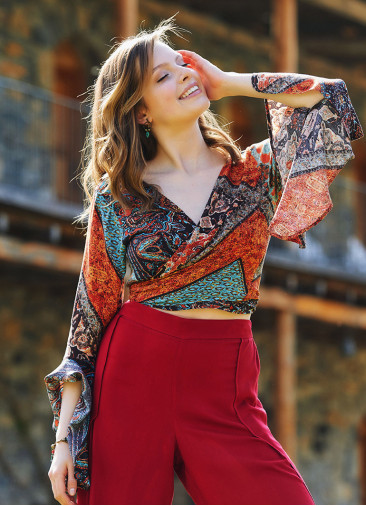 Etnik Desenli İspanyol Kol Crop Bluz 3189