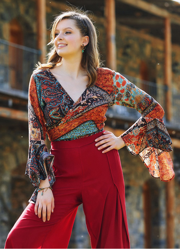 Etnik Desenli İspanyol Kol Crop Bluz 3189